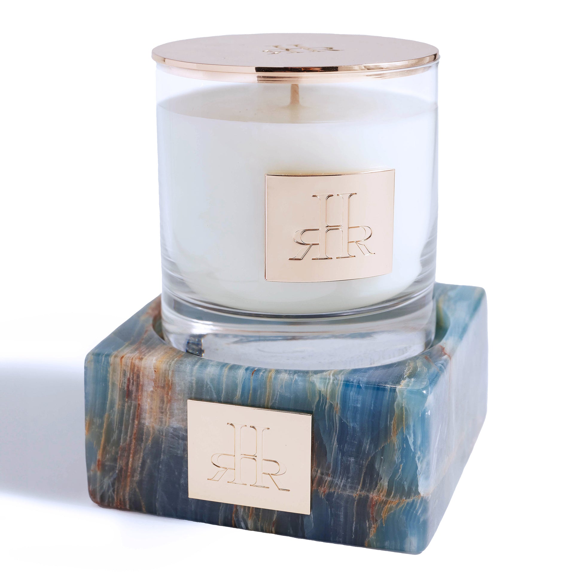Atlántico Luxury Scented Candle on Blue Onyx Riser Tray | RHR Luxury Home Fragrance