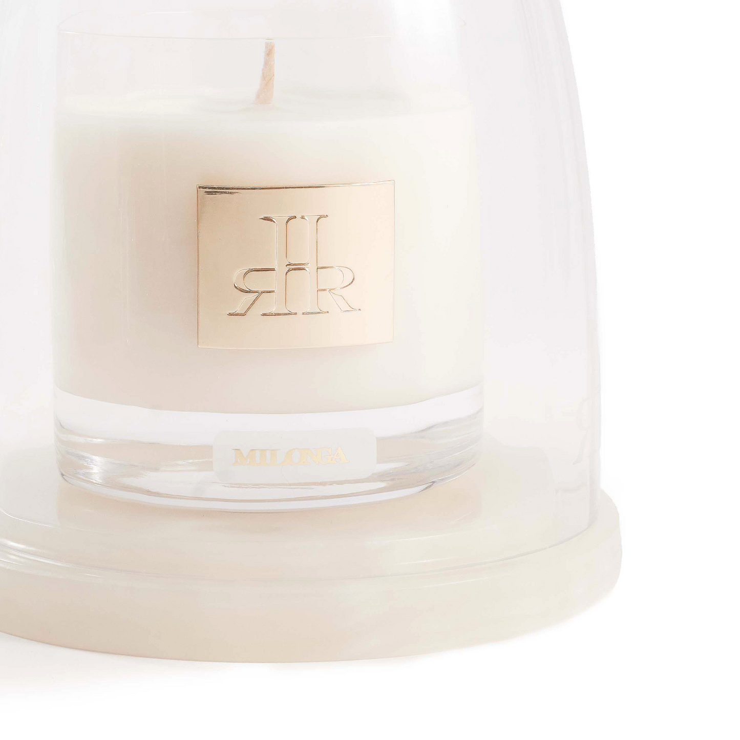 Luxury Crystal Cloche Closeup Showing Candle Engraved Logo Plate | RHR Luxury Home Fragrance