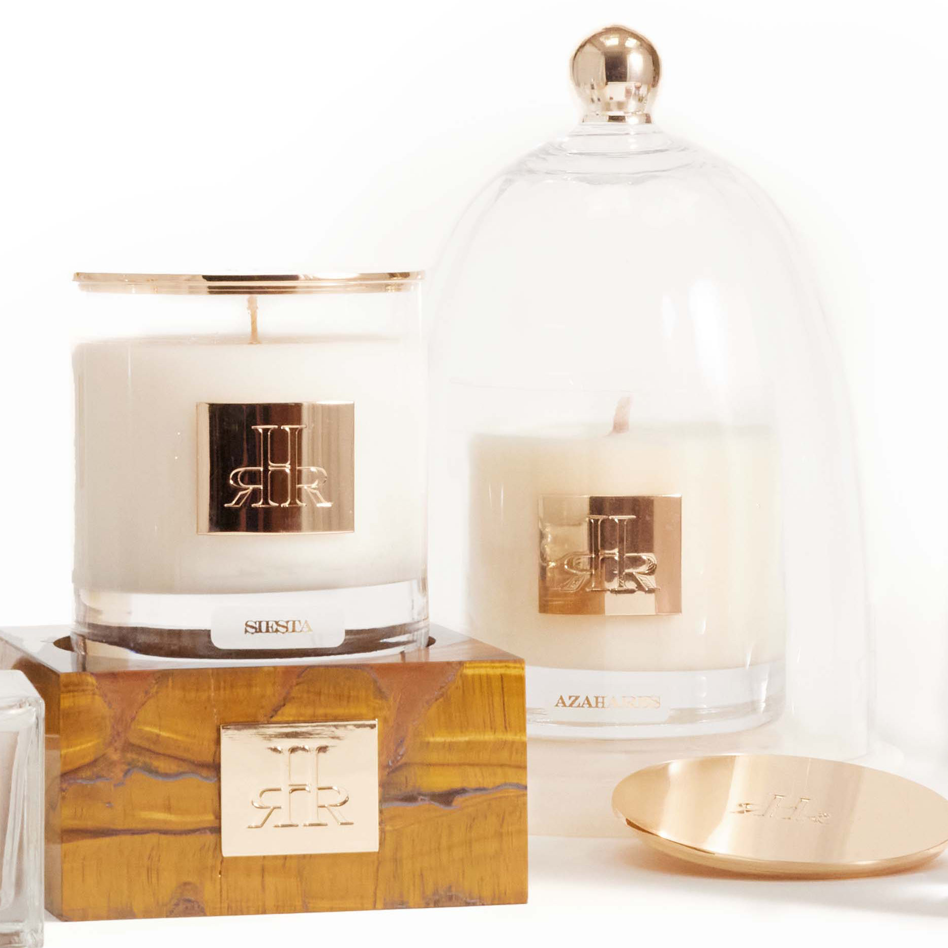 Luxury Crystal Cloche Group Shot With Candle and Riser | RHR Luxury Home Fragrance