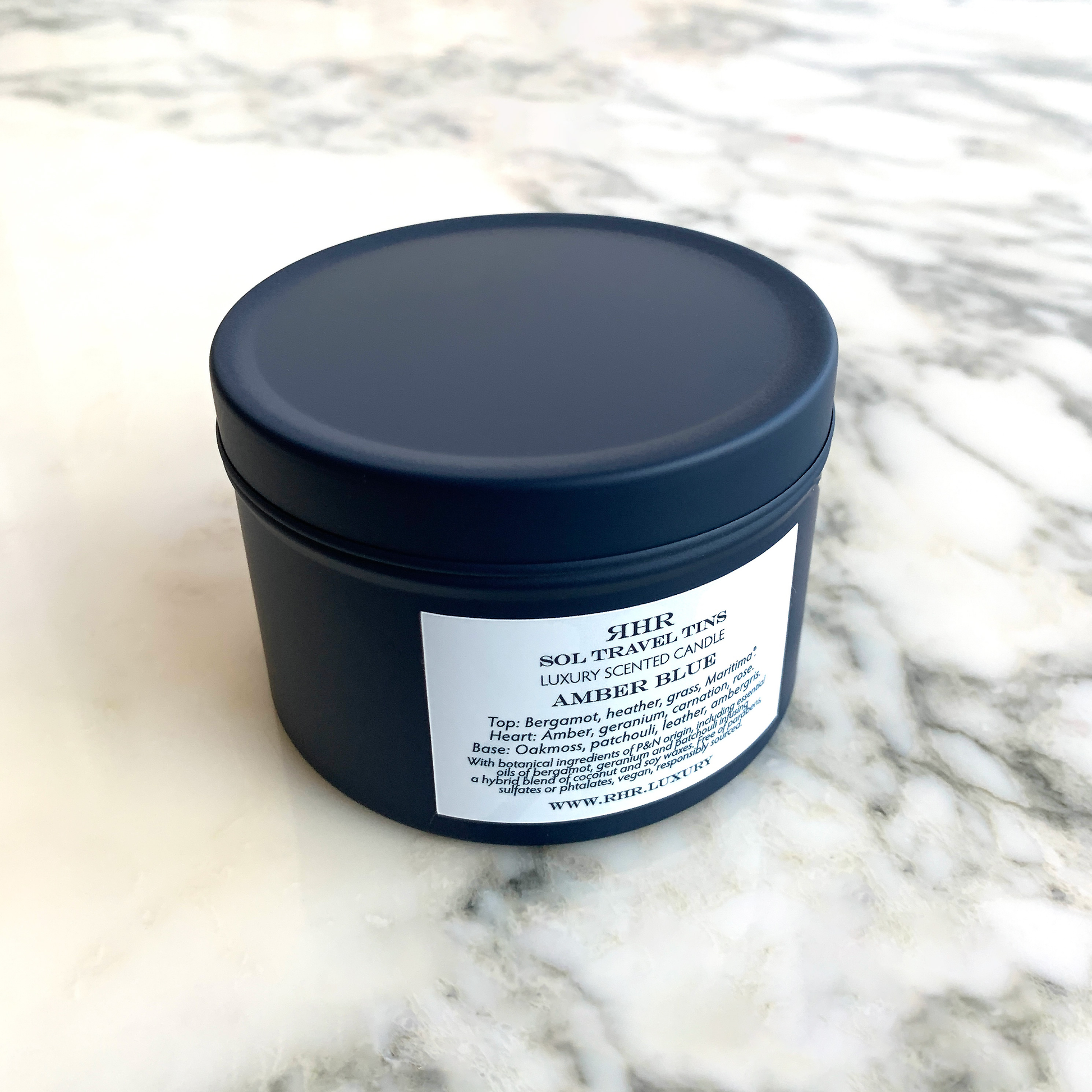Amber Blue Luxury Travel Candle Back View | RHR Luxury Home Fragrance