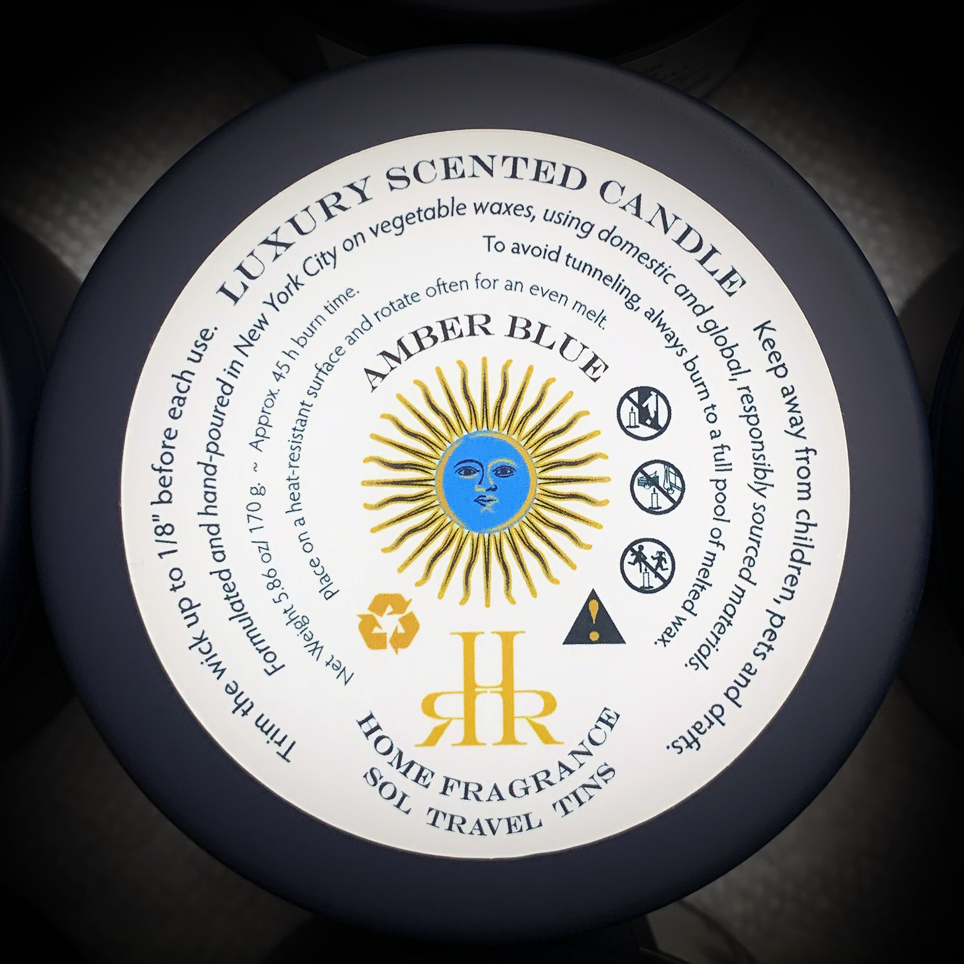 Amber Blue Luxury Travel Candle Bottom Care Label | RHR Luxury Home Fragrance