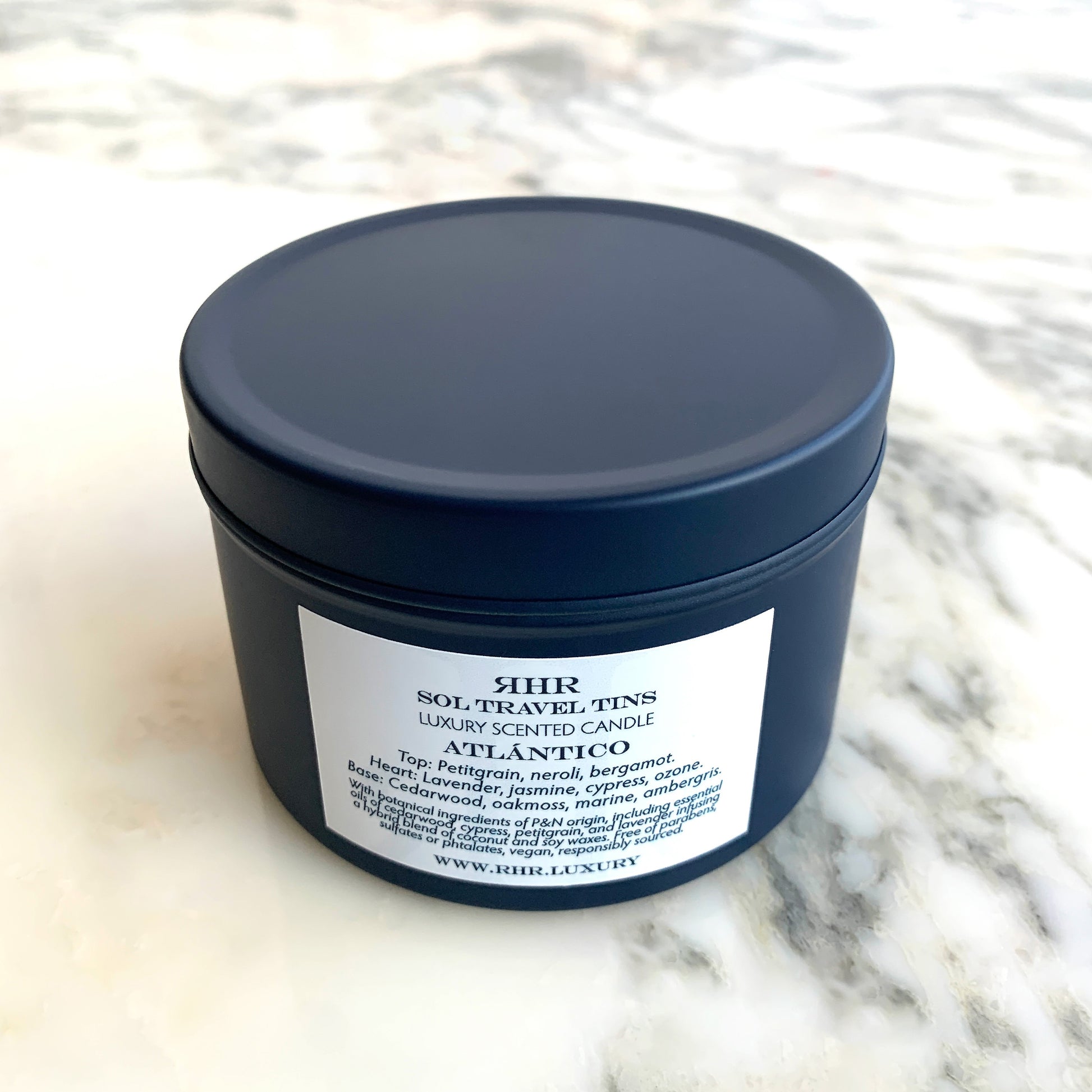Atlántico Luxury Travel Candle Back View | RHR Luxury Home Fragrance