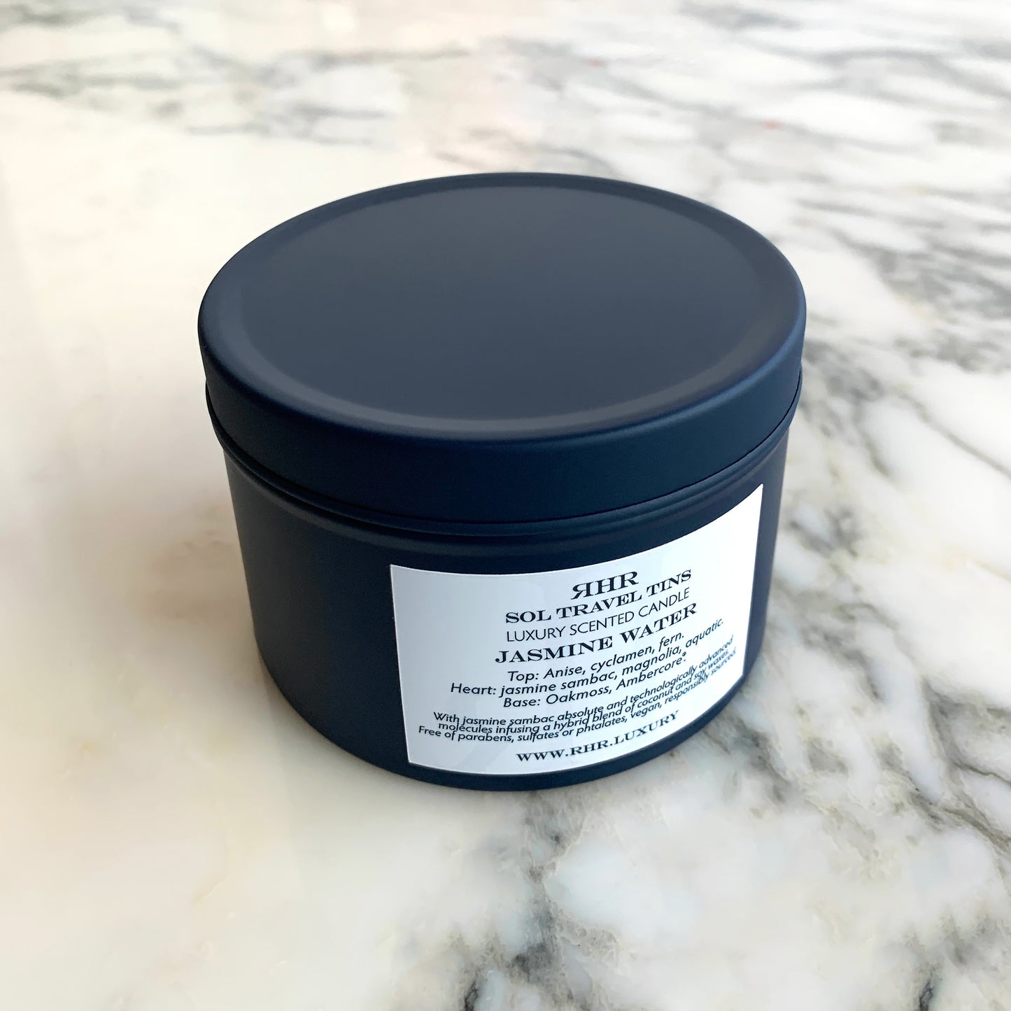 Jasmine Water Luxury Travel Candle Back View | RHR Luxury Home Fragrance