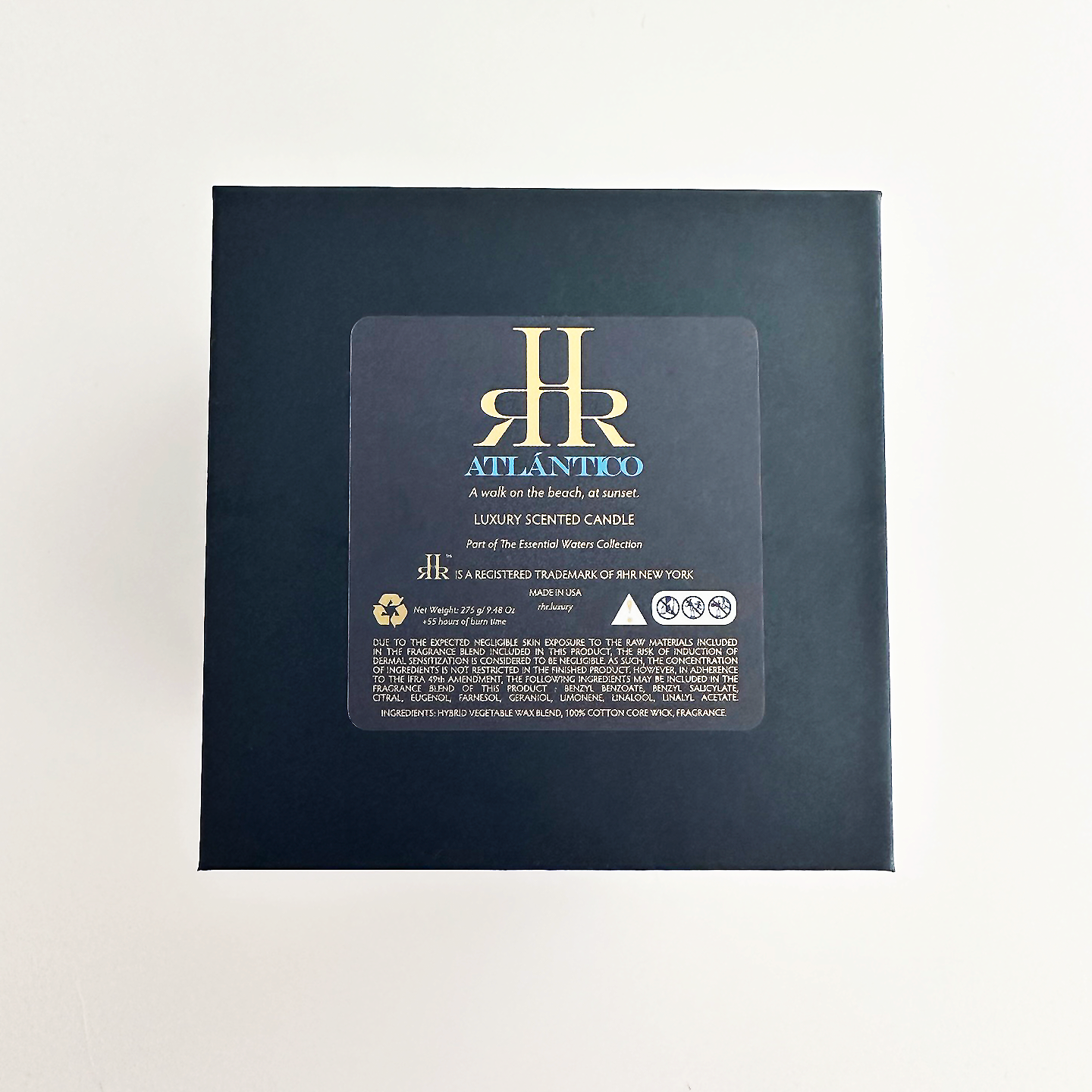 Atlántico Luxury Scented Candle Gift Box Bottom Label | RHR Luxury Home Fragrance