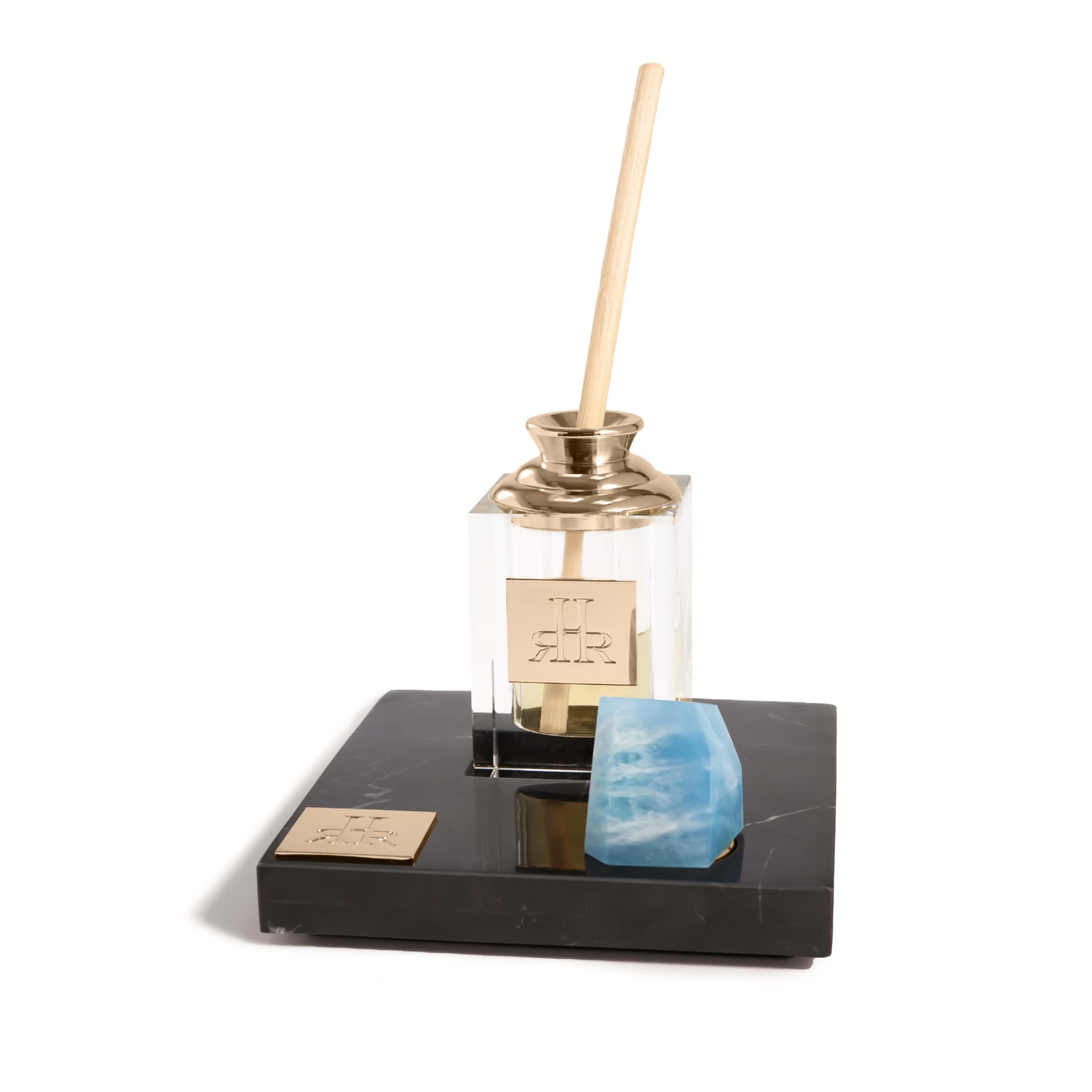 Atlántico Large Crystal Diffuser On Black Marble Tray View | RHR Luxury Home Fragrance
