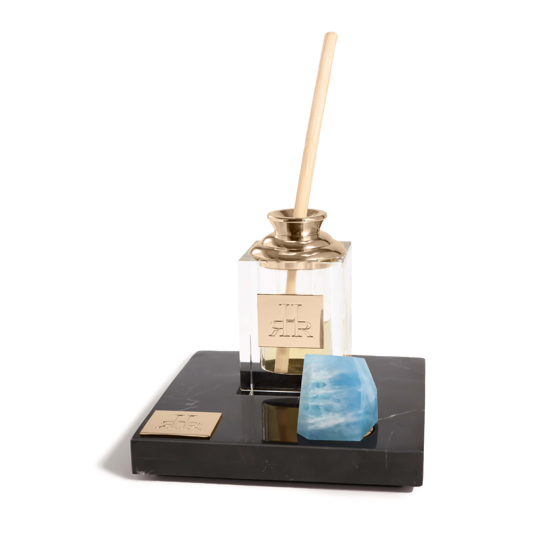 Atlántico Large Crystal Diffuser On Black Marble Tray View | RHR Luxury Home Fragrance