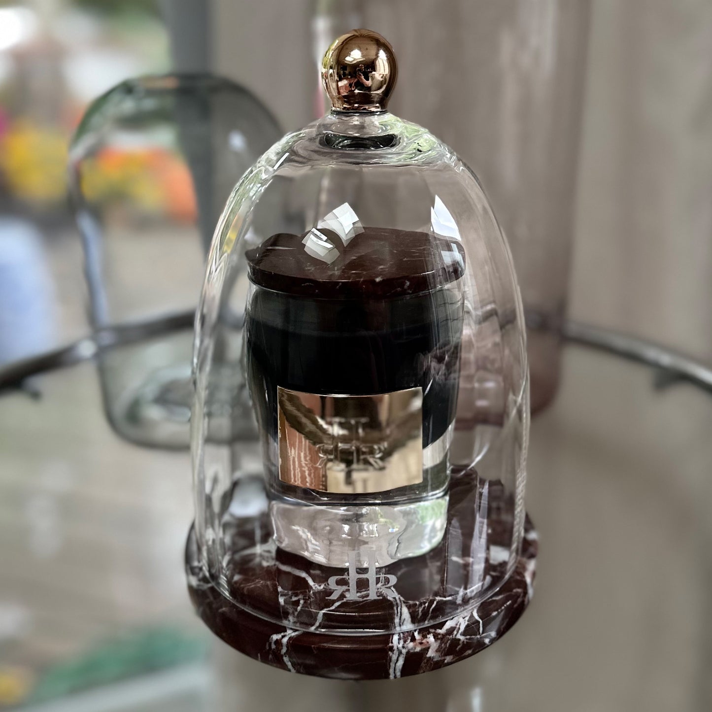 Luxury Crystal Cloche With Rosso Levanto Marble On Set | RHR Luxury Home Fragrance