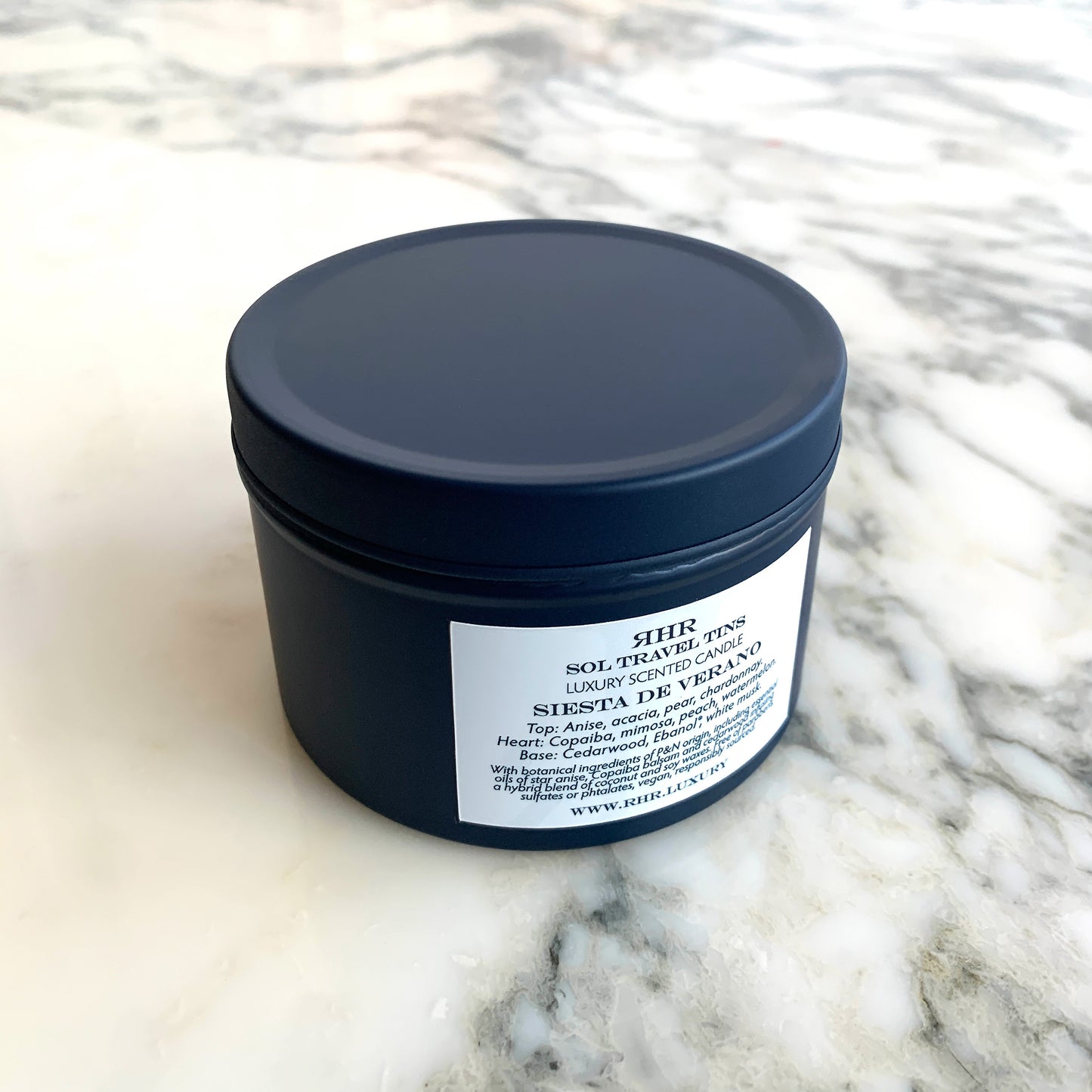Siesta de Verano Luxury Travel Candle Back View | RHR Luxury Home Fragrance