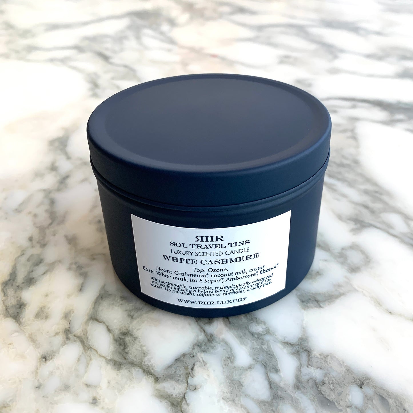 White Cashmere Luxury Travel Candle Back View | RHR Luxury Home Fragrance