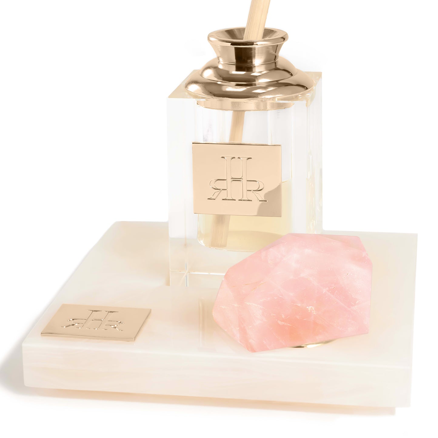 Oxypétala Large Crystal Diffuser On White Onyx Tray Closeup | RHR Luxury Home Fragrance