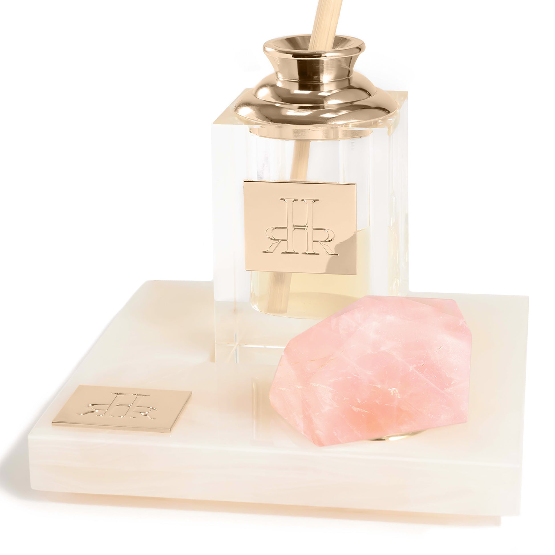 Oxypétala Large Crystal Diffuser On White Onyx Tray Closeup | RHR Luxury Home Fragrance