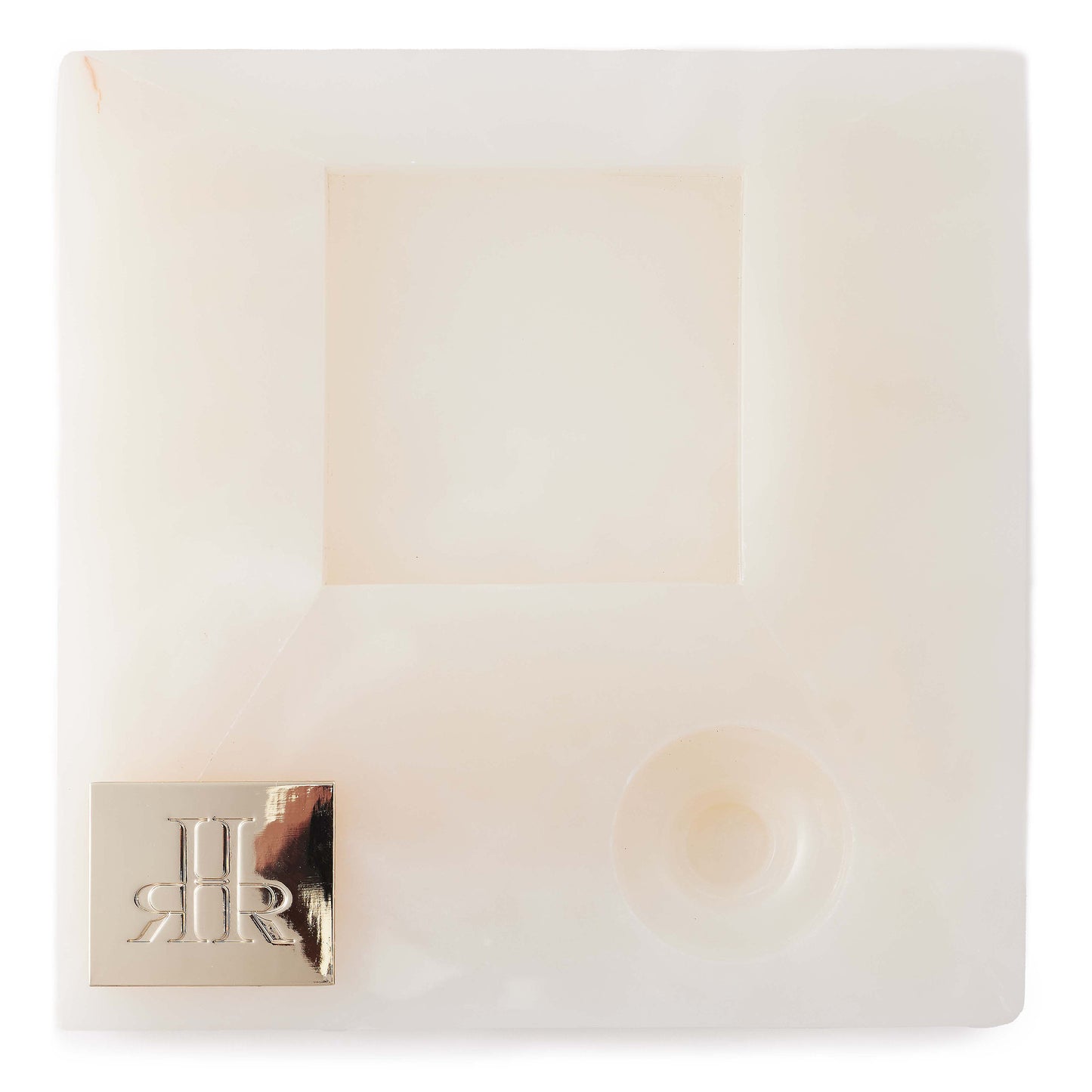 White Onyx Diffuser Tray Top View Showing Logo Plate | RHR Luxury Home Fragrance