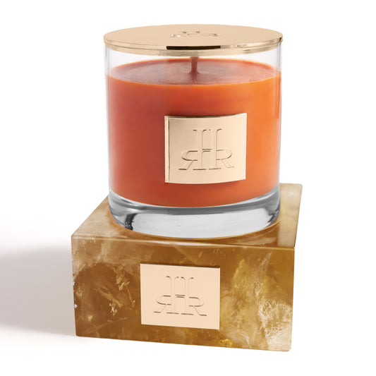 Ámbar del Sur Luxury Candle On Citrine Stone Riser Tray | RHR Luxury Home Fragrance