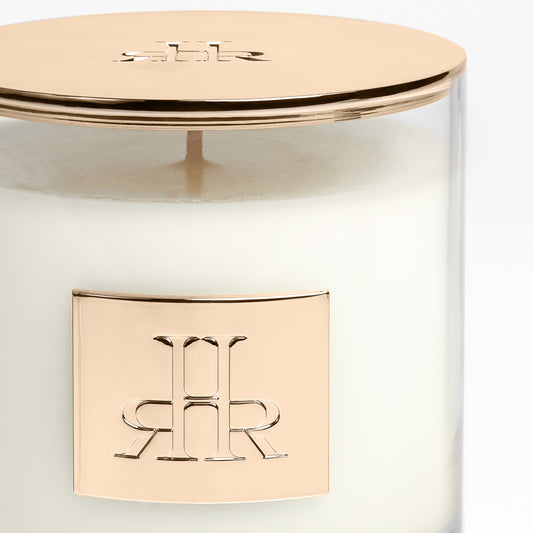 Casablanca Luxury Scented Candle Closeup Showing Logo Plate | RHR Luxury Home Fragrance